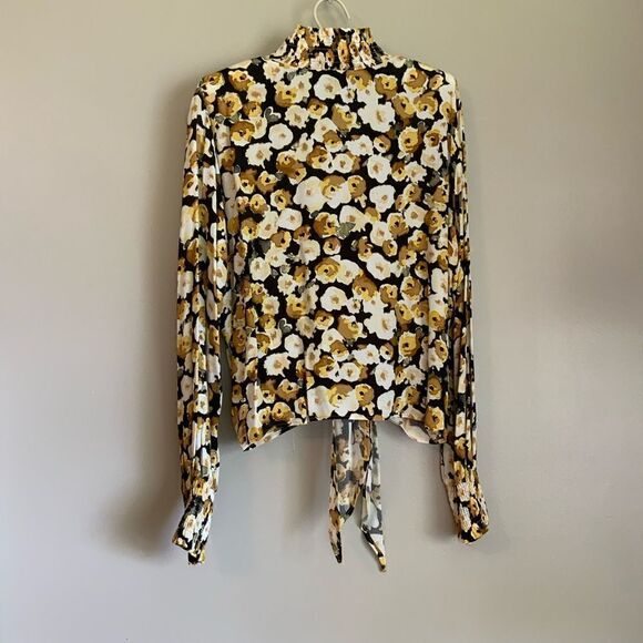 Karen Kane PETITE Lrg Black & Gold Women’s Button Down Floral Blouse NWT - Picture 5 of 15